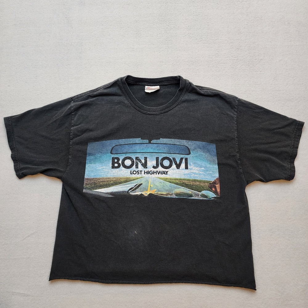 Bon Jovi Lost Highway Tour T-Shirt Black Hanes Heavyweight Cut Hem Mens Medium